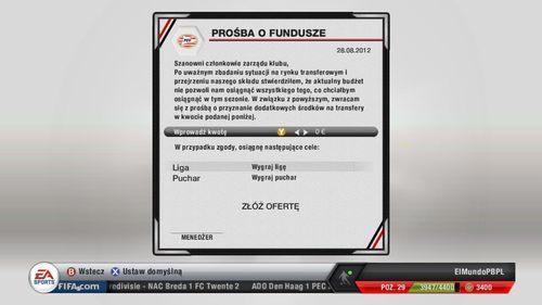W przypadku braku określonej kwoty na przeprowadzenie transferu możesz poprosić zarząd o przeznaczenie dodatkowej kwoty z budżetu na przeprowadzenie transakcji kupna zawodników - Biuro menedżera | Tryb kariery menedżerskiej - FIFA 13 - poradnik do gry