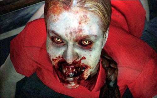 Gdy zaczniesz jechać w górę, światło nagle zgaśnie i zaatakuje cię przemieniona Liz - 1 - Uczelnia | Kampania Leona | Solucja Resident Evil 6 - Resident Evil 6 - poradnik do gry