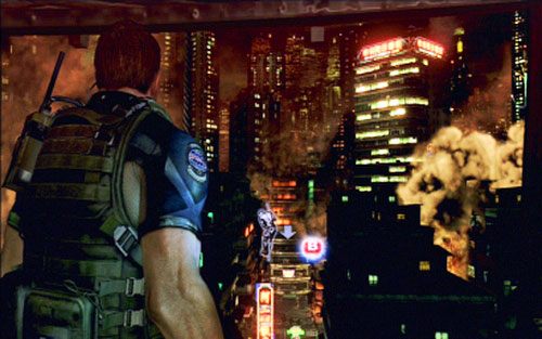 Zaraz po zakończeniu cut-scenki wciśnij B, aby zjechać po linie na dach budynku, a następnie podążaj we wskazywanych przez żołnierzy kierunku - 1 - Miejskie zaułki | Kampania Chrisa | Solucja Resident Evil 6 - Resident Evil 6 - poradnik do gry