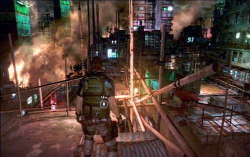 Na końcu ścieżki wdrap się po drabinie do góry i przejdź na druga stronę prymitywnego mostu - 1 - Strzelanina na dachu | Kampania Chrisa | Solucja Resident Evil 6 - Resident Evil 6 - poradnik do gry