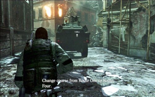 Gdy stwór wreszcie ucieknie, biegnij dalej za pojazdem swoich towarzyszy - 2 - Szturm przez miasto | Kampania Chrisa | Solucja Resident Evil 6 - Resident Evil 6 - poradnik do gry