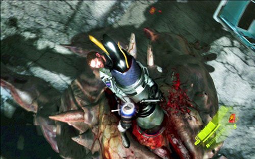 Gdy bestia zacznie się podpierać, przeskocz na nią (RT), a następnie bardzo szybko machaj lewą gałką analoga - 2 - Walka z B.O.W. | Kampania Chrisa | Solucja Resident Evil 6 - Resident Evil 6 - poradnik do gry