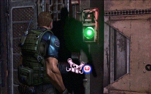 Po rozpoczęciu etapu podejdź do zielonego przycisku na ścianie i wciśnij go - 5 - Magazyn | Kampania Chrisa | Solucja Resident Evil 6 - Resident Evil 6 - poradnik do gry