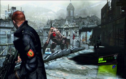 Na razie go zostaw i przebiegnij do końca kładki - 1 - Starcie z B.O.W. | Kampania Jakea | Solucja Resident Evil 6 - Resident Evil 6 - poradnik do gry