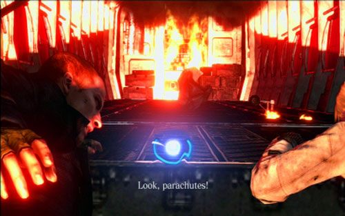 Po wybuchu twój bohater zawiśnie nad przepaścią, a chwilę później w jego kierunku zacznie spadać spadochron - 1 - Na pokładzie samolotu | Kampania Jakea | Solucja Resident Evil 6 - Resident Evil 6 - poradnik do gry