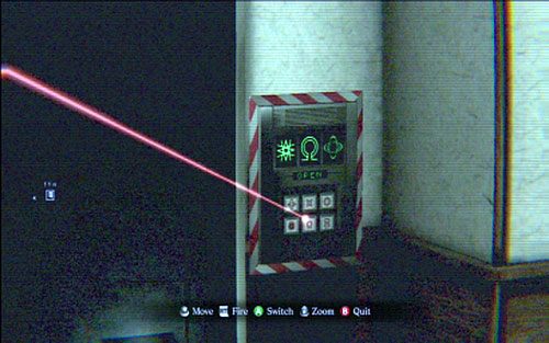 Gdy kobieta przejdzie przez zakodowane drzwi (trzecia kamera), przybliż widok do panelu obok i przepisz symbole do swojego zamka - 3 - Laboratorium | Kampania Jakea | Solucja Resident Evil 6 - Resident Evil 6 - poradnik do gry