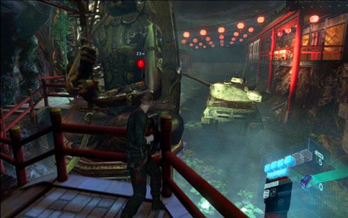 Na początku udaj się na sam koniec chodnika i poczekaj, aż maszyna do ciebie podjedzie - 3 - Pojedynek z czołgiem | Kampania Jakea | Solucja Resident Evil 6 - Resident Evil 6 - poradnik do gry