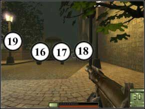 Zacznij strzelać do wrogów z M60 - po lewej będzie trzech (20) (21) (22), lecz nie będą oni zbyt natarczywi, więc zabij kolejną dwójkę (23) (24), jak tylko się pojawi, a potem wróć do trójki - Praga | Soldier of Fortune 2 Double Helix - Soldier of Fortune 2: Double Helix - poradnik do gry