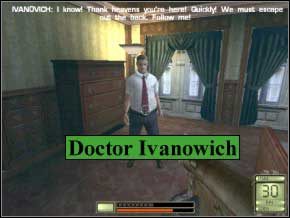 Od razu jak go ujrzysz odwróć się o sto osiemdziesiąt stopni i biegnij przed siebie do dwóch strażników, którzy pojawią się z tyłu (39) (40) - po ich zabiciu jak najszybciej biegnij tam, gdzie doktor i zabij strażnika stojącego tuż obok po lewej, za drzwiami (41) - Praga | Soldier of Fortune 2 Double Helix - Soldier of Fortune 2: Double Helix - poradnik do gry