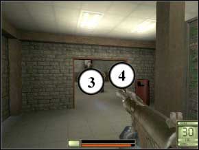 Dostaniesz się do hangaru, najpierw rozpraw się z żołnierzem stojącym tyłem (5), potem zastrzel jednego naprzeciwko, po drugiej stronie pomieszczenia (6), a następnie dwóch na dole (7) (8) - Praga | Soldier of Fortune 2 Double Helix - Soldier of Fortune 2: Double Helix - poradnik do gry