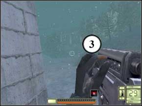 Wejdź na drogę z prawej strony, kucnij i włącz celowanie - po drugiej stronie drogi jest dwóch strażników, wykorzystując technologię OICW zdejmij obu (4) (5) - Kamczatka | Soldier of Fortune 2 Double Helix - Soldier of Fortune 2: Double Helix - poradnik do gry