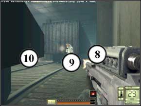 Idź do drzwi po lewej, otwórz je i się wychyl - zabij żołnierza za nimi (11), potem idź na most - stań przy wagonie, wychyl się w lewo, zabij żołnierza (12), potem wychyl się w prawo i załatw dwa psy (13) (14) - Kamczatka | Soldier of Fortune 2 Double Helix - Soldier of Fortune 2: Double Helix - poradnik do gry