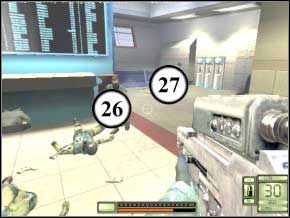 W długim korytarzu poczekaj wychylony zza rogu -przybiegnie trzech wrogów, jeden pojawi się za ladą z prawej (28), a dwóch z lewej (29) (30) - Switzerland | Soldier of Fortune 2 Double Helix - Soldier of Fortune 2: Double Helix - poradnik do gry