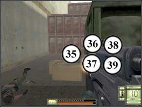 Za jednym kontenerem po lewej będzie trójka terrorystów (40) (41) (42), którą potraktuj OICW, idź dalej, wychyl się - z drzwi razem wybiegnie czterech (43) (44) (45) (46) - Switzerland | Soldier of Fortune 2 Double Helix - Soldier of Fortune 2: Double Helix - poradnik do gry