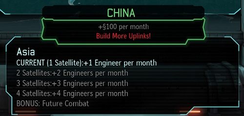 W przypadku, gdy sieć naszych satelitów pokryje cały kontynent, uaktywni się dodatkowy bonus (pierwszy jest aktywowany automatycznie w momencie założenia bazy w danej lokacji) - Satelity i fundusze w XCOM Enemy Unknown | Baza - XCOM: Enemy Unknown - poradnik do gry
