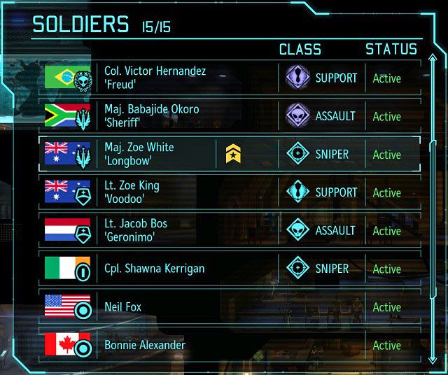 Przeglądając listę żołnierzy możemy łatwo zorientować się, jakimi dysponujemy siłami. - Koszary w XCOM Enemy Unknown | Baza - XCOM: Enemy Unknown - poradnik do gry