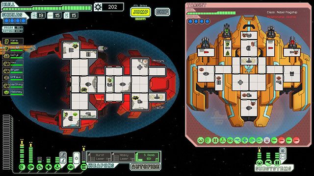 Zacznij od wysłania swoich ludzi (pojedyncza, przeszkolona w walce jednostka też wystarczy) do trzeciego licząc od lewej pomieszczenia z operatorem uzbrojenia (rakiet) - Faza I - maskowanie | Walka końcowa | FTL Faster Than Light - FTL: Faster Than Light - poradnik do gry