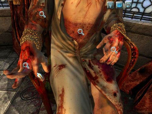 Wyjdź ze zbliżenia i obejrzyj teraz lewą i prawą dłoń mężczyzny, z prawej weź kawałek liny użyty do związania ofiary - Dokładnie obejrzyj zwłoki biskupa | Zbrodnia w diecezji Knighstbridge - Testament Sherlocka Holmesa - poradnik do gry