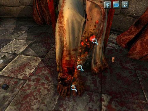 Wyjdź ze zbliżenia i przyjrzyj się nogom biskupa: oparzeniom na lewej, sznurowi poniżej i stopom - Dokładnie obejrzyj zwłoki biskupa | Zbrodnia w diecezji Knighstbridge - Testament Sherlocka Holmesa - poradnik do gry