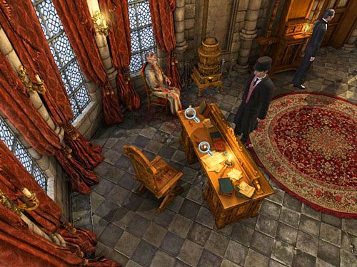 Przyjrzyj się teraz stojącej na biurku butelce whisky oraz odważnikowi do przytrzymywania papieru - Zbadaj wszystkie istotne ślady i poszlaki | Zbrodnia w diecezji Knighstbridge - Testament Sherlocka Holmesa - poradnik do gry