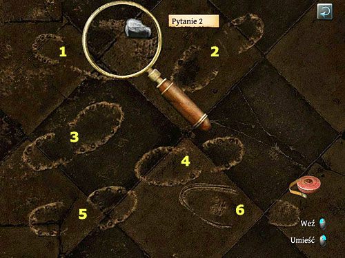 Pojawi się zbliżenie, w którym zbadaj lupą (kliknij ją LPM, by ją wziąć) widoczne na posadzce ślady sześciu butów - Zbadaj wszystkie istotne ślady i poszlaki | Zbrodnia w diecezji Knighstbridge - Testament Sherlocka Holmesa - poradnik do gry