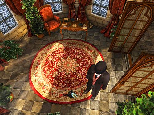 Po wejściu na werandę zwróć uwagę na plamę na okrągłym dywanie (kliknij ją) - Odkryj sekret księdza | Zbrodnia w diecezji Knighstbridge - Testament Sherlocka Holmesa - poradnik do gry