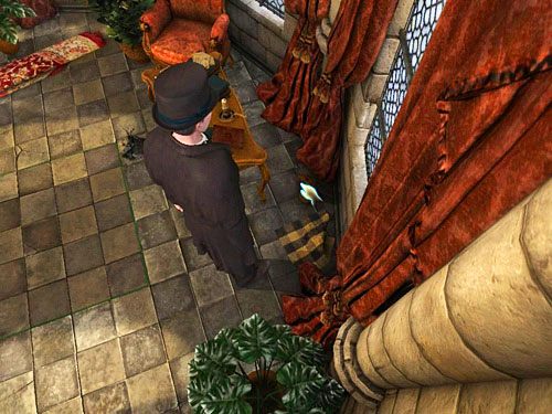 Zwróć teraz uwagę na leżącą przy oknie, za stolikiem (z prawej strony), kraciastą chustkę czy serwetę - Odkryj sekret księdza | Zbrodnia w diecezji Knighstbridge - Testament Sherlocka Holmesa - poradnik do gry