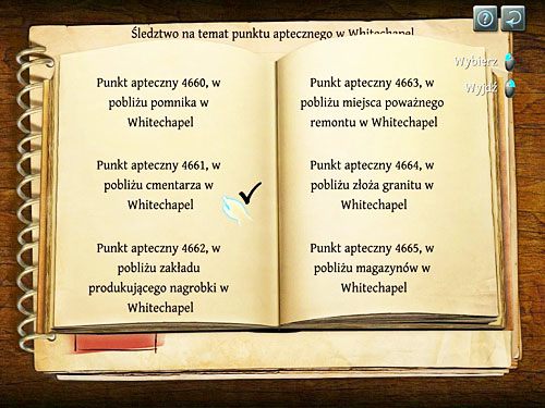 Wybierz właściwy punkt apteczny - drugi po lewej (nr 4661) - Druga tabela dedukcyjna | Zbrodnia w diecezji Knighstbridge - Testament Sherlocka Holmesa - poradnik do gry