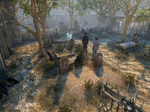 i dalej przez uchyloną bramkę w zniszczonym murze do dalszej części cmentarza - Zweryfikuj zebrane dowody na cmentarzu | Jatka w Whitechapel - Testament Sherlocka Holmesa - poradnik do gry