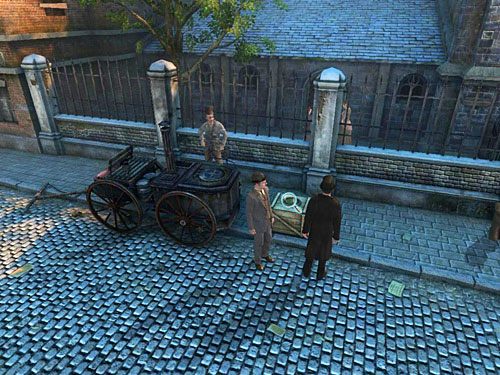 Zwróć zatem uwagę na skrzynkę na prawo od kuchni, na której mężczyzna rozłożył grę na pieniądze - Zdobądź więcej informacji o mordercach biskupa | Jatka w Whitechapel - Testament Sherlocka Holmesa - poradnik do gry