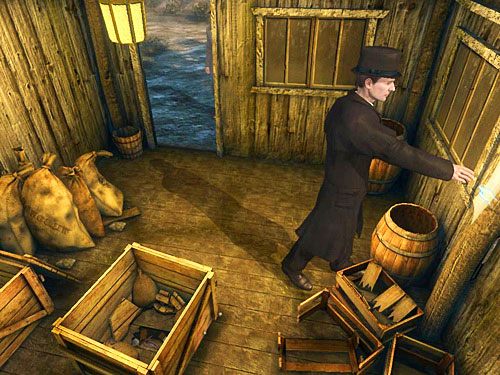 Teraz zainteresuj się przyczepioną do filara (obok beczki i skrzynek) kartką (wiadomość z cmentarza) - Spenetruj szopę | Jatka w Whitechapel - Testament Sherlocka Holmesa - poradnik do gry