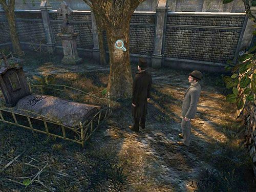 Przejdź do drugiej części cmentarza i odszukaj wspomniane drzewo (za bramą, po prawej) - Odkryj, co bandyci schowali na cmentarzu | Jatka w Whitechapel - Testament Sherlocka Holmesa - poradnik do gry