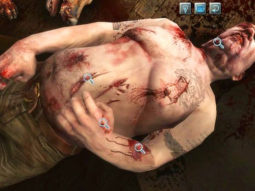 Zauważ też ranę na lewej dłoni - to ugryzienie psa, oraz na lewym przedramieniu, a także na brzuchu i twarzy - Odwiedź Kurtza | Jatka w Whitechapel - Testament Sherlocka Holmesa - poradnik do gry