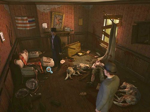 Przy sofie (po lewej) dostrzeż kawałek zakrwawionej gazety - Odwiedź Kurtza | Jatka w Whitechapel - Testament Sherlocka Holmesa - poradnik do gry