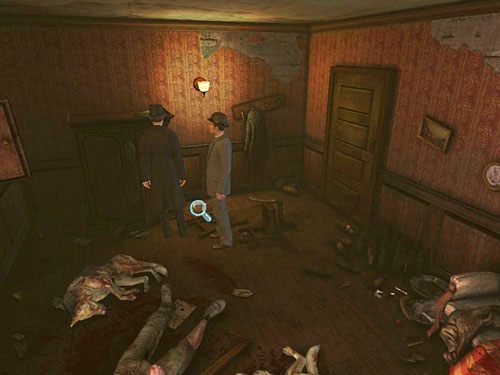 Na podłodze, na wprost drzwi, obok przewróconego krzesła leży taca - Odwiedź Kurtza | Jatka w Whitechapel - Testament Sherlocka Holmesa - poradnik do gry