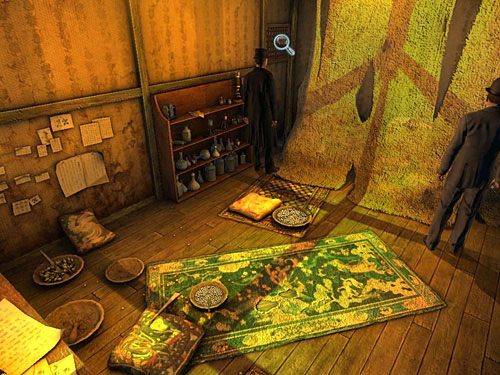 W środku za zasłoną (po prawej) zauważ (z jej lewej strony) coś w rodzaju cienkich drzwi bez klamki, ale za to z ażurowym okienkiem wentylacyjnym (szczelina) - Dostań się do zamkniętego pomieszczenia | Jatka w Whitechapel - Testament Sherlocka Holmesa - poradnik do gry