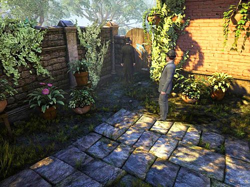 Prowadząca do ogródka furtka znajduje się przy murku z lewej strony domu (stojąc twarzą do drzwi) - Odnajdź skradzione pranie | Kradzież w Kensington Garden - Testament Sherlocka Holmesa - poradnik do gry