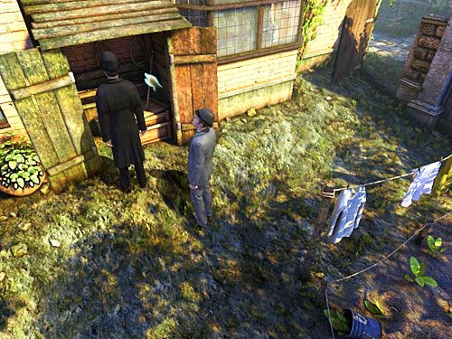 Otwórz szopę przy domu - na lewo od okna pokoju siostrzeńca, a na wprost wiszącego prania - i weź z niej motykę - Odnajdź skradzione pranie | Kradzież w Kensington Garden - Testament Sherlocka Holmesa - poradnik do gry