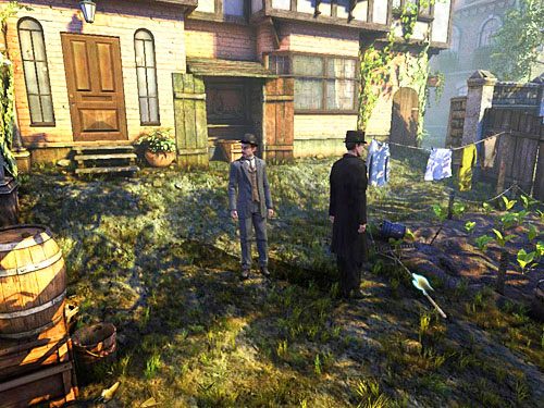 Z kolei z grządki z roślinami (tuż przy praniu) skradnij grabie - Odnajdź skradzione pranie | Kradzież w Kensington Garden - Testament Sherlocka Holmesa - poradnik do gry