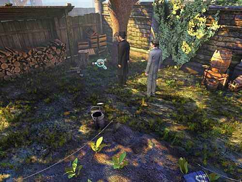 Przejdź w głąb ogrodu i w rogu, za grządką, przy drzewie i skrzynkach zauważ powiązane sznurkiem konserwy - pułapkę na intruzów - Odnajdź skradzione pranie | Kradzież w Kensington Garden - Testament Sherlocka Holmesa - poradnik do gry