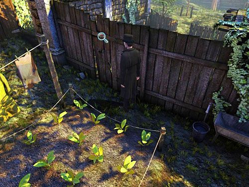 Z drugiej strony grządki (przy płocie, obok prania i wyjścia z ogrodu) dostrzeż wywiercony w desce otwór - Odnajdź skradzione pranie | Kradzież w Kensington Garden - Testament Sherlocka Holmesa - poradnik do gry