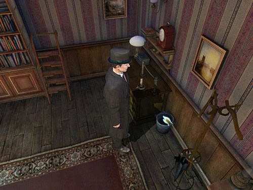 Pogrzeb w stojącym przy biurku koszu na śmieci, znajdziesz podartą kartkę - Rozejrzyj się w pokoju siostrzeńca biskupa | Kradzież w Kensington Garden - Testament Sherlocka Holmesa - poradnik do gry