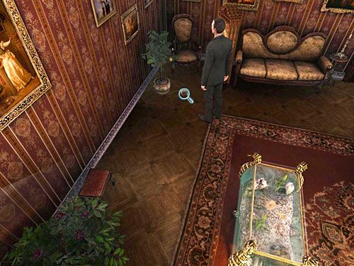 Przejdź w róg pokoju (na prawo od akwarium) i odsuń stojący tam parawan - Zbadaj wszystkie ślady w pokoju muzycznym markiza | Kradzież w rezydencji markiza Conynghama - Testament Sherlocka Holmesa - poradnik do gry