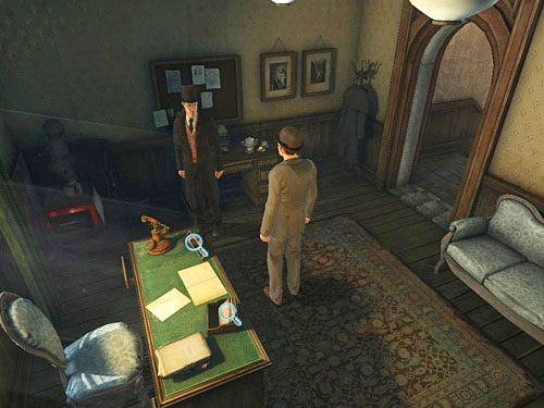 Zaanonsowawszy się sekretarce, rzuć okiem na pudełko na listy oraz tabliczkę z jej nazwiskiem na biurku - Zobacz się z Hansem Schielmanem | Ucieczka z więzienia Westgate - Testament Sherlocka Holmesa - poradnik do gry