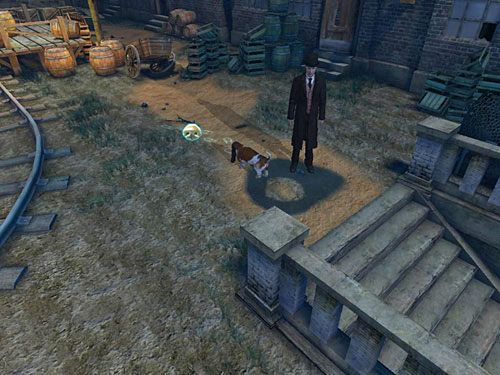 Wejdź po schodach i kliknij ikonką psiego nosa na śladach butów na ziemi - Toby złapie trop - Przedostań się na drugą stronę kanału | Wypadek w doku przy Stinging Street - Testament Sherlocka Holmesa - poradnik do gry