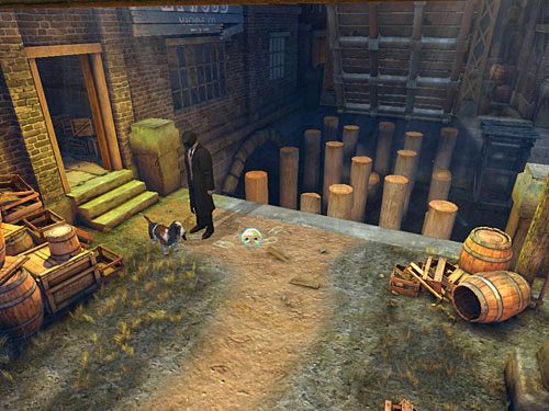 Na śladach znów pojawi się ikonka psiego nosa, którą kliknij - Przedostań się na drugą stronę kanału | Wypadek w doku przy Stinging Street - Testament Sherlocka Holmesa - poradnik do gry