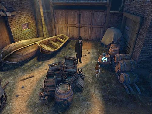 Biegnij przed siebie do stojących w rogu beczek, wskaż Holmesowi tę, na której pozostawiono oliwiarkę ze smarem - Przedostań się na drugą stronę kanału | Wypadek w doku przy Stinging Street - Testament Sherlocka Holmesa - poradnik do gry