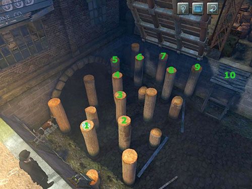 a z niej przeskakuj na kolejne pale (trasa na fotce powyżej) i wreszcie na drewniany pomost przy brzegu - Przedostań się na drugą stronę kanału | Wypadek w doku przy Stinging Street - Testament Sherlocka Holmesa - poradnik do gry