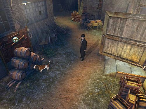 Na zewnątrz zwróć uwagę Sherlocka na tablicę z narzędziami przeciwpożarowymi na wprost otwartych wrót (nieco po lewej) - Przedostań się za bramę | Wypadek w doku przy Stinging Street - Testament Sherlocka Holmesa - poradnik do gry