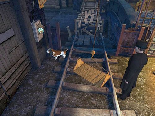 Wskaż zatem Holmesowi wajchy (na lewo od bramy) zawiadujące kolejną windą do przenoszenia ładunku - Przedostań się za bramę | Wypadek w doku przy Stinging Street - Testament Sherlocka Holmesa - poradnik do gry